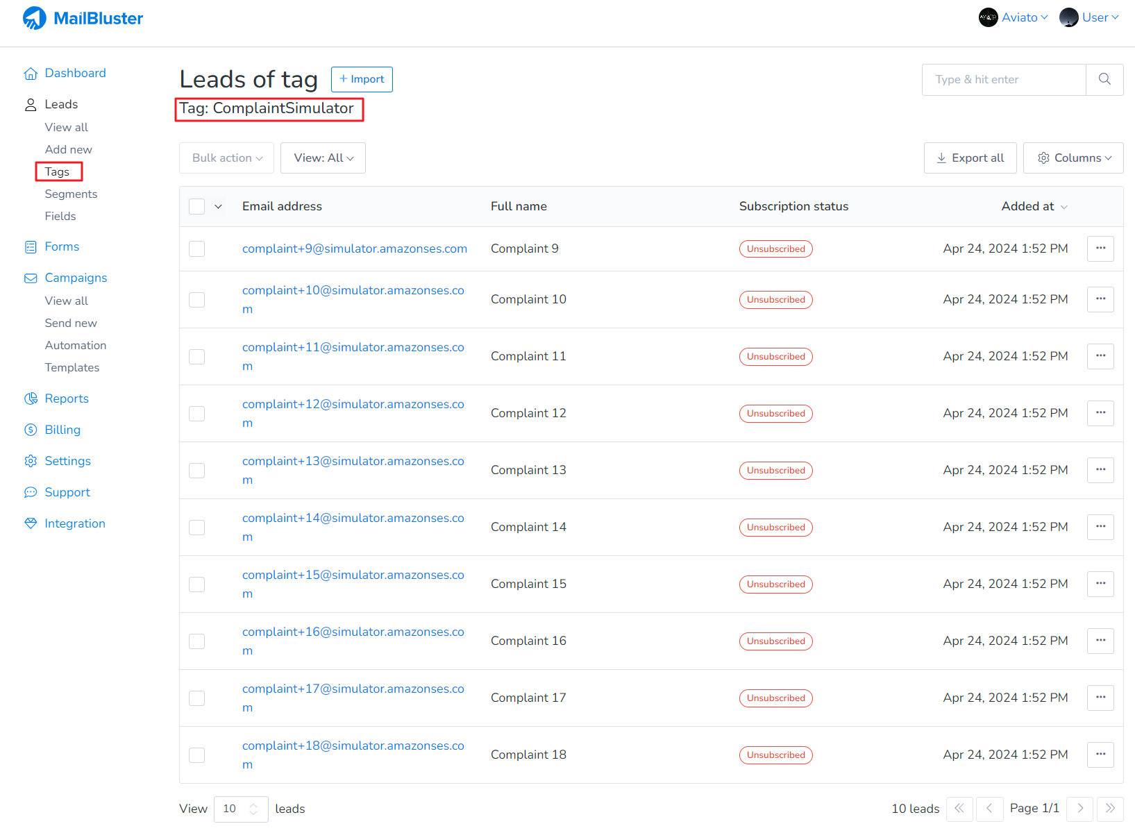 You will see a list of leads attach to this tag. Here 10 dummy leads has been added to tag name “ComplaintSimulator”.