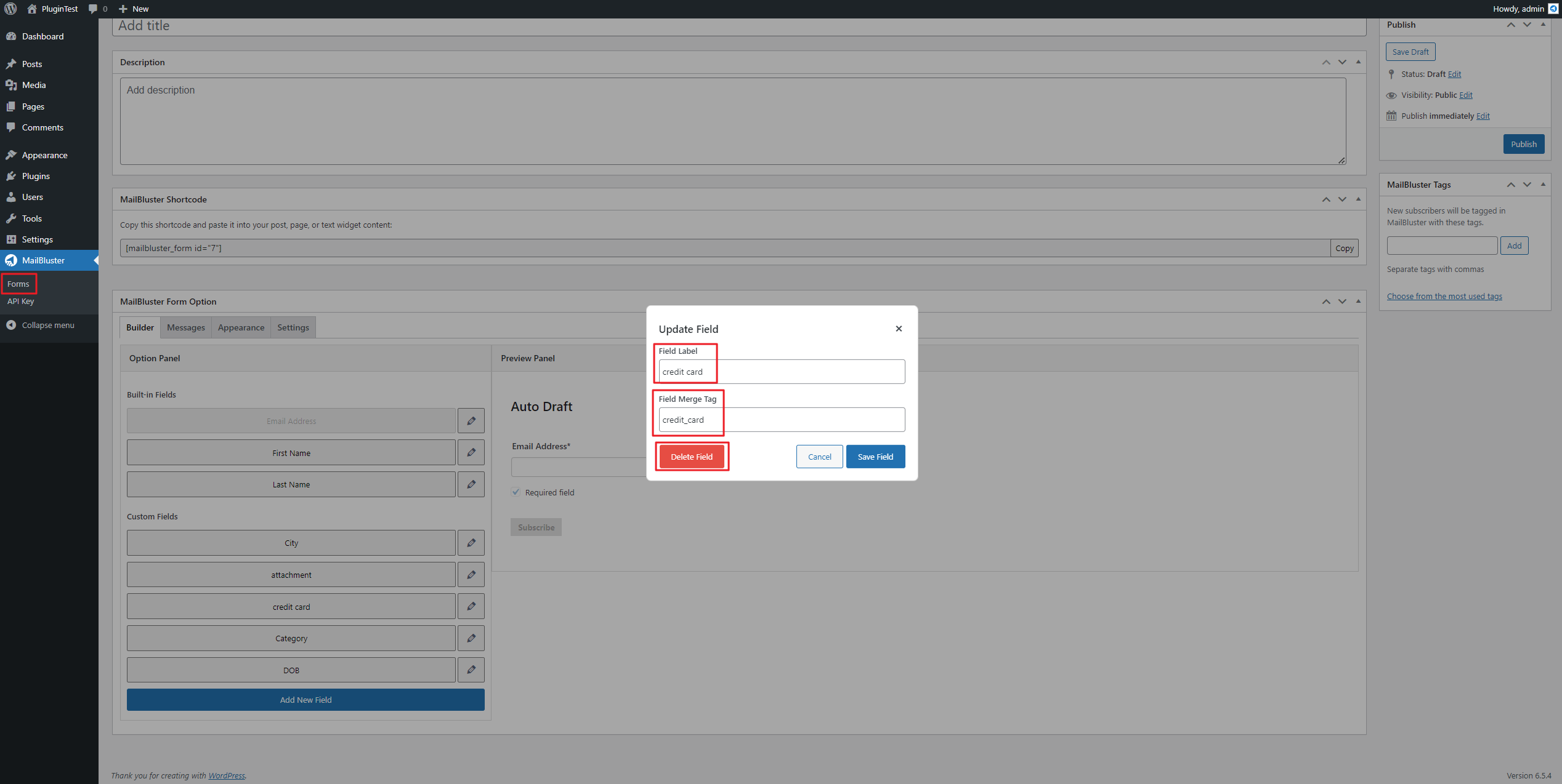 Click Delete field to delete any current field. 