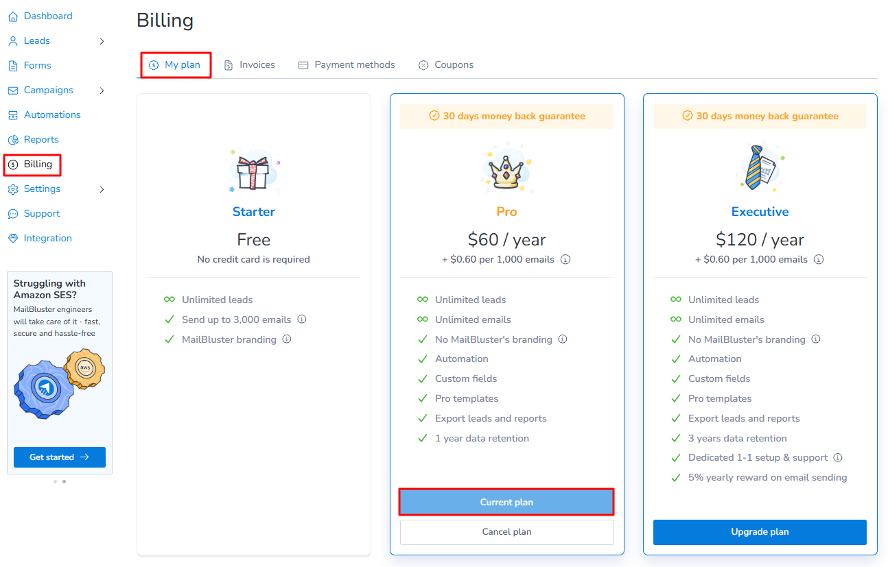 Go to Brand > Billing > My Plan and check the section marked 'Current Plan' to find out the current pricing plan