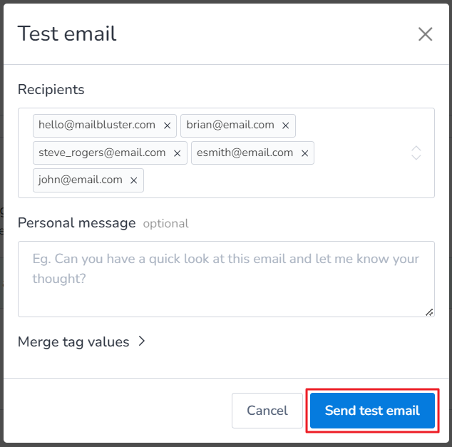 Selecting recipients before sending test mail