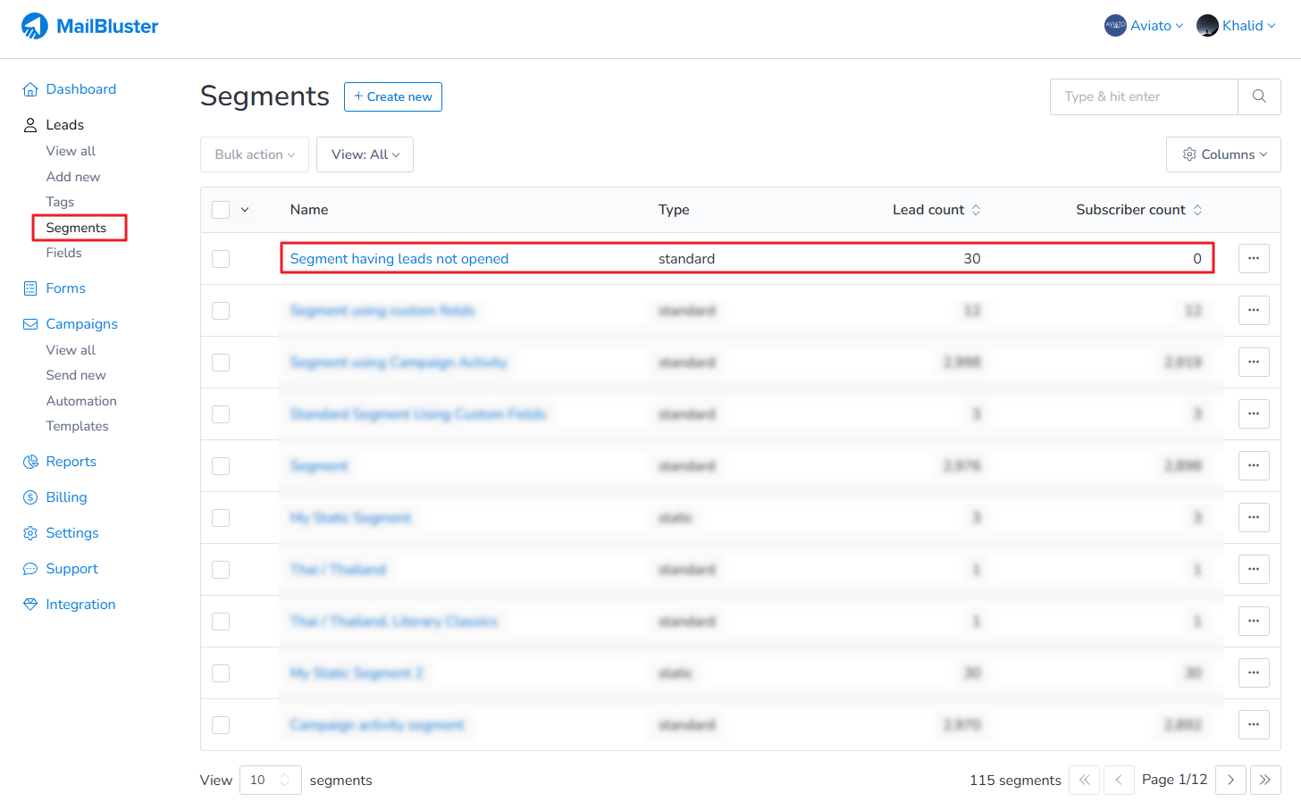 Standard segment is created showing total lead count and 0 subscriber count