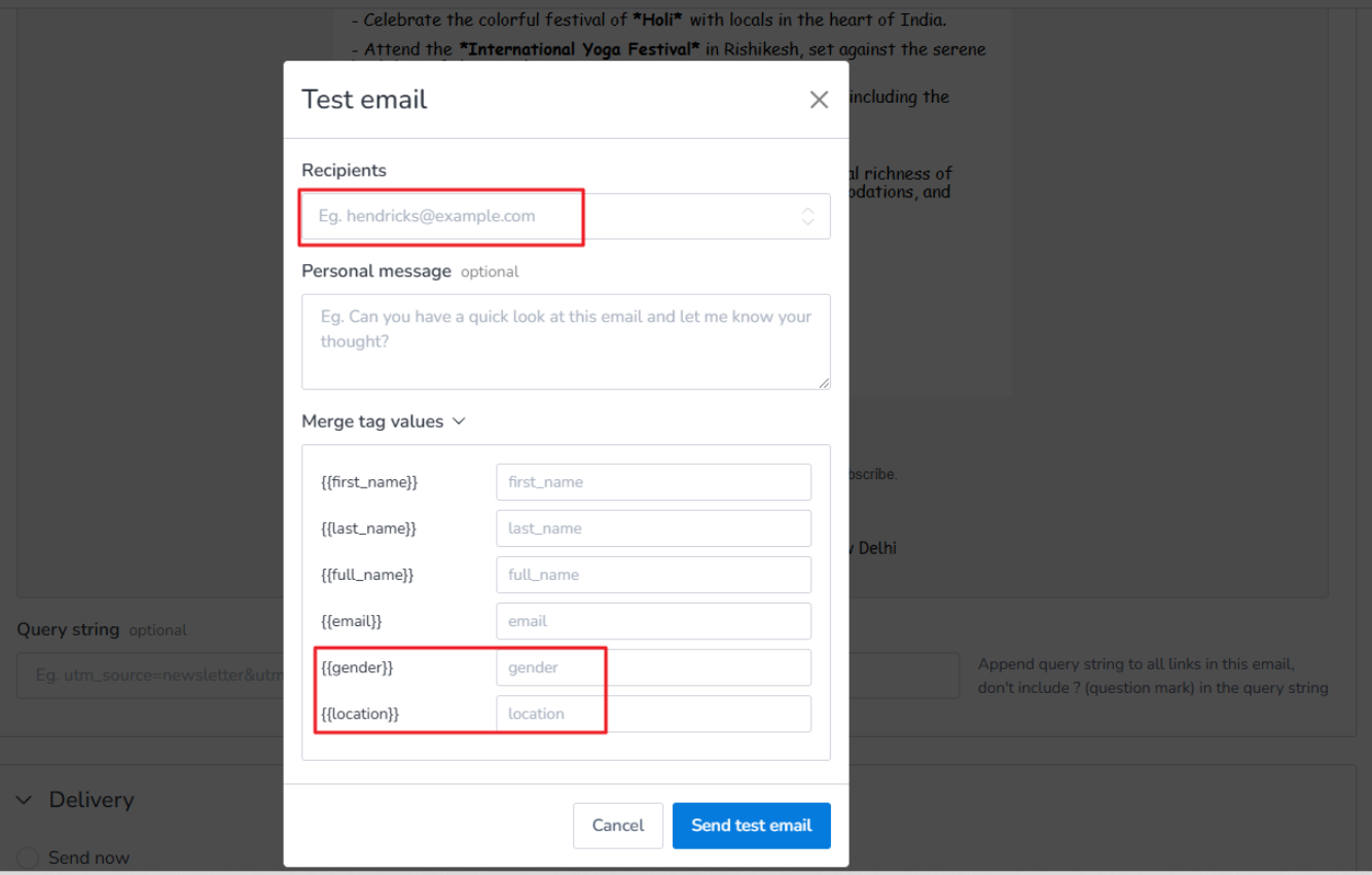 Sending test email using custom merge tag values.