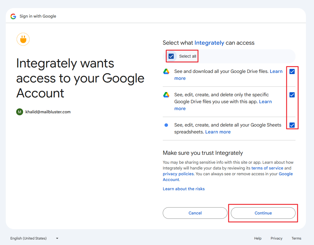Give all permissions to Integrately by clicking the checkbox "Select all" and then click Continue.