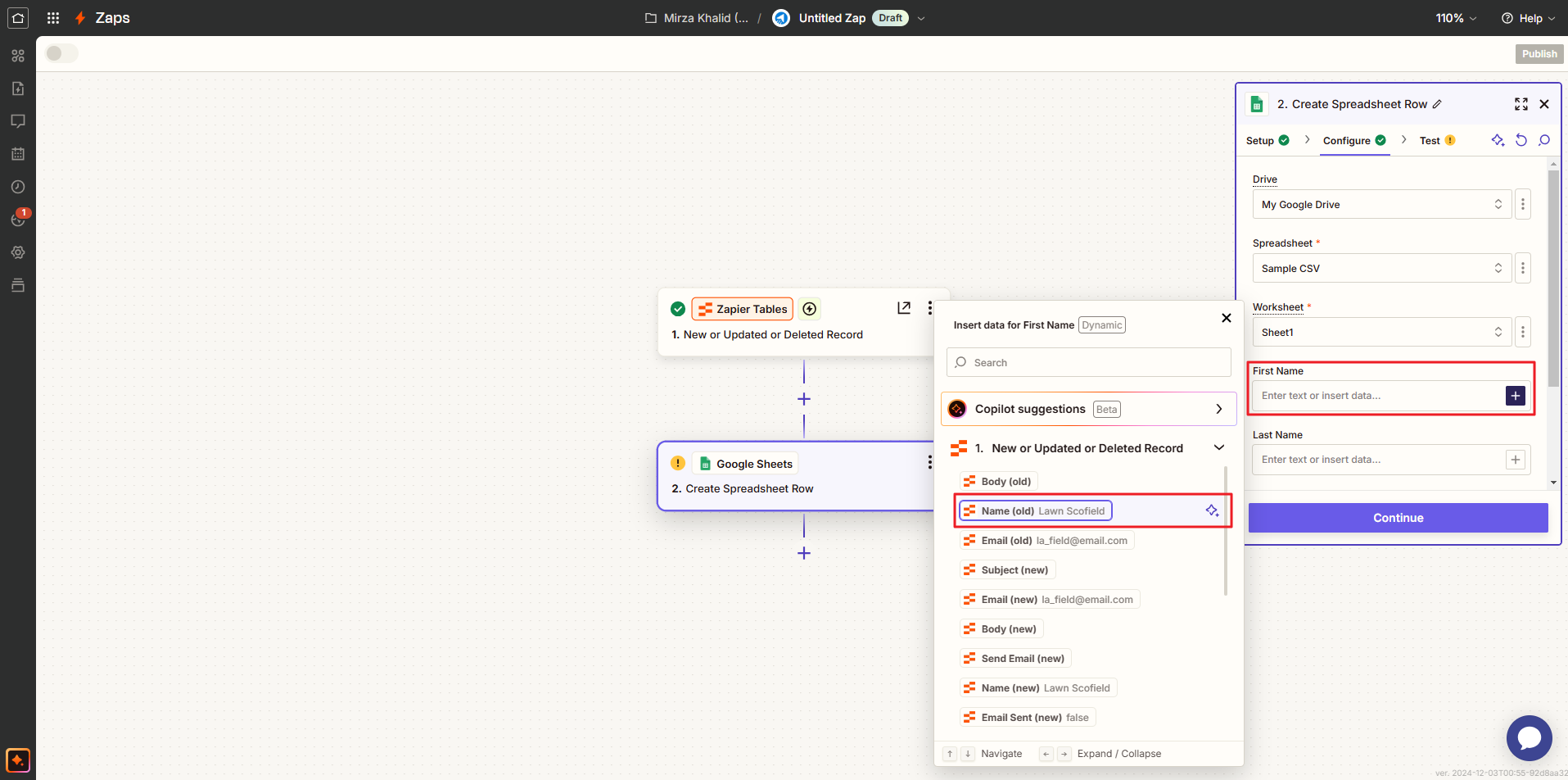 Highlight the First Name of the CSV File with the Insert data for First Name as Name (old). 