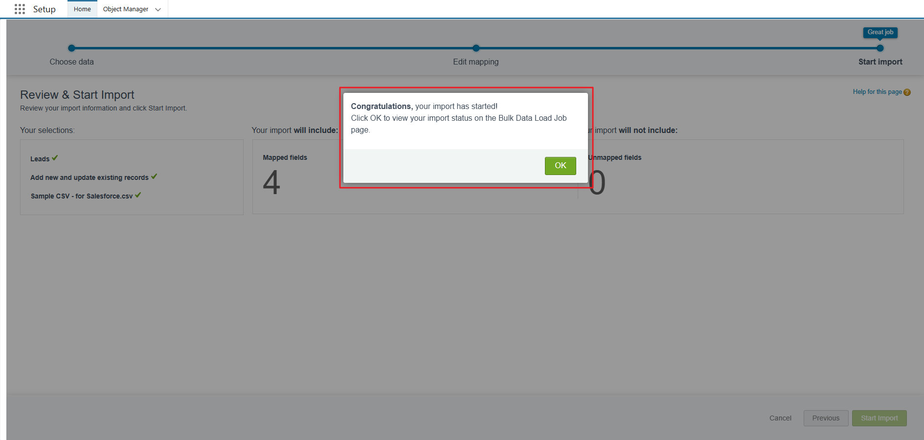 You will get a notification that your leads have been imported successfully. Click OK to close the popup. 