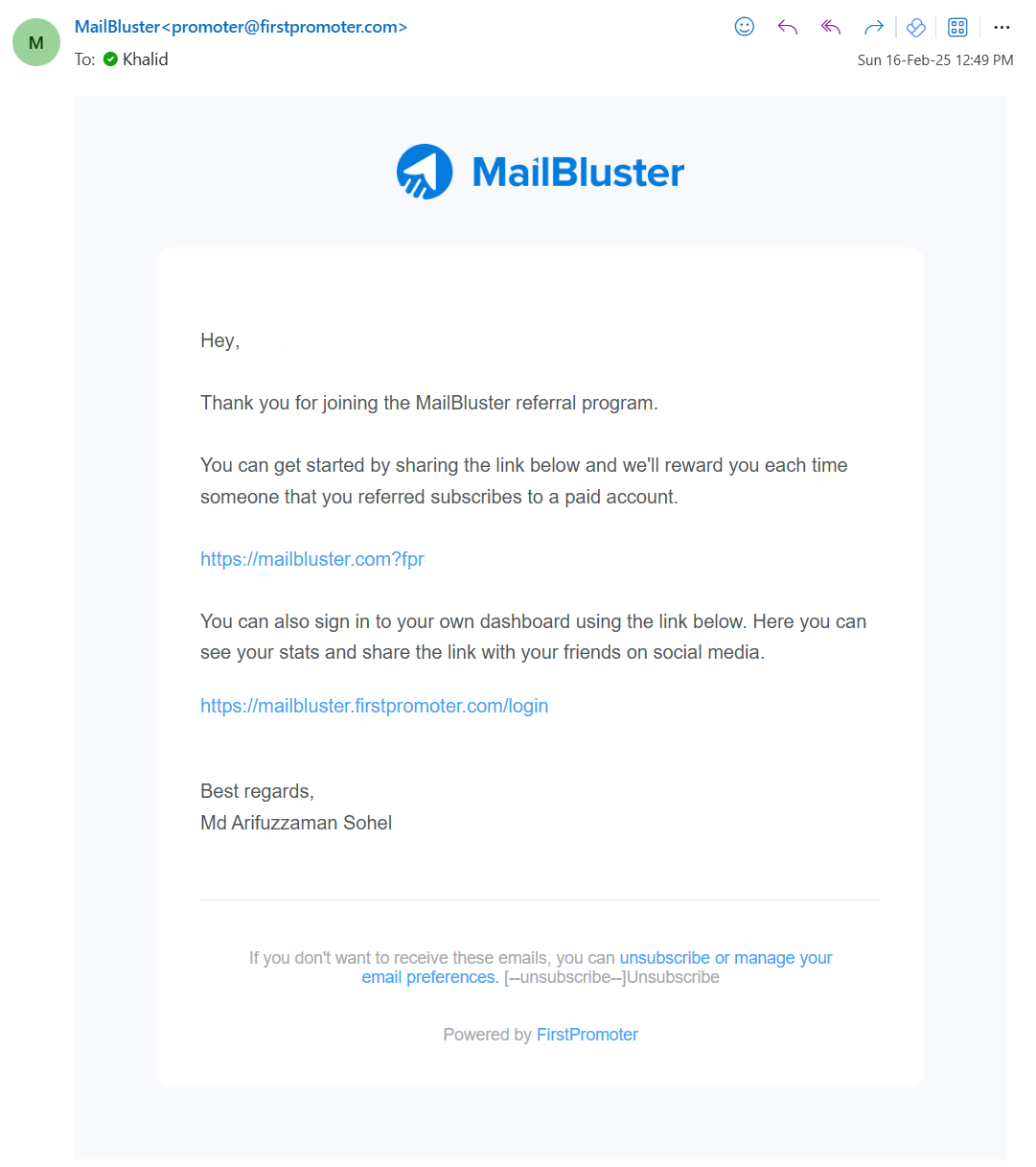 Email confirming your registration for the MailBluster Affiliate Program.