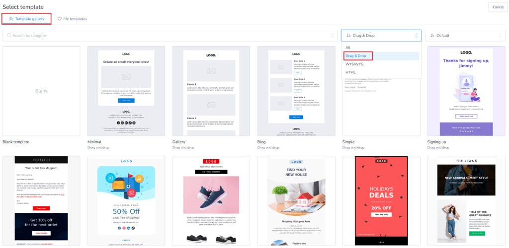 Drag and drop template gallery