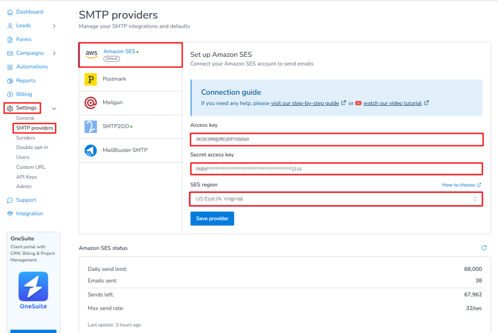 You need to paste Access key, secret access key and SES region from your AWS account to MailBluster.