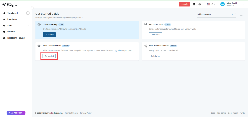 Click on Get started under Add a Custom Domain.