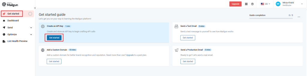 Click on Get started and again Get started under Create an API Key.