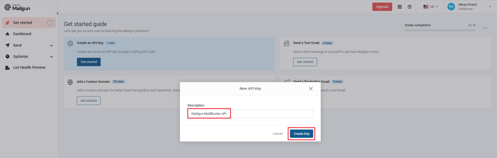Enter the name of the API Key in the description. Then click Create Key.
