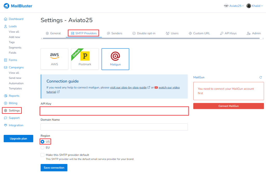 You need to go to MailBluster > Brand > Settings > SMTP Providers, and paste the API Key.