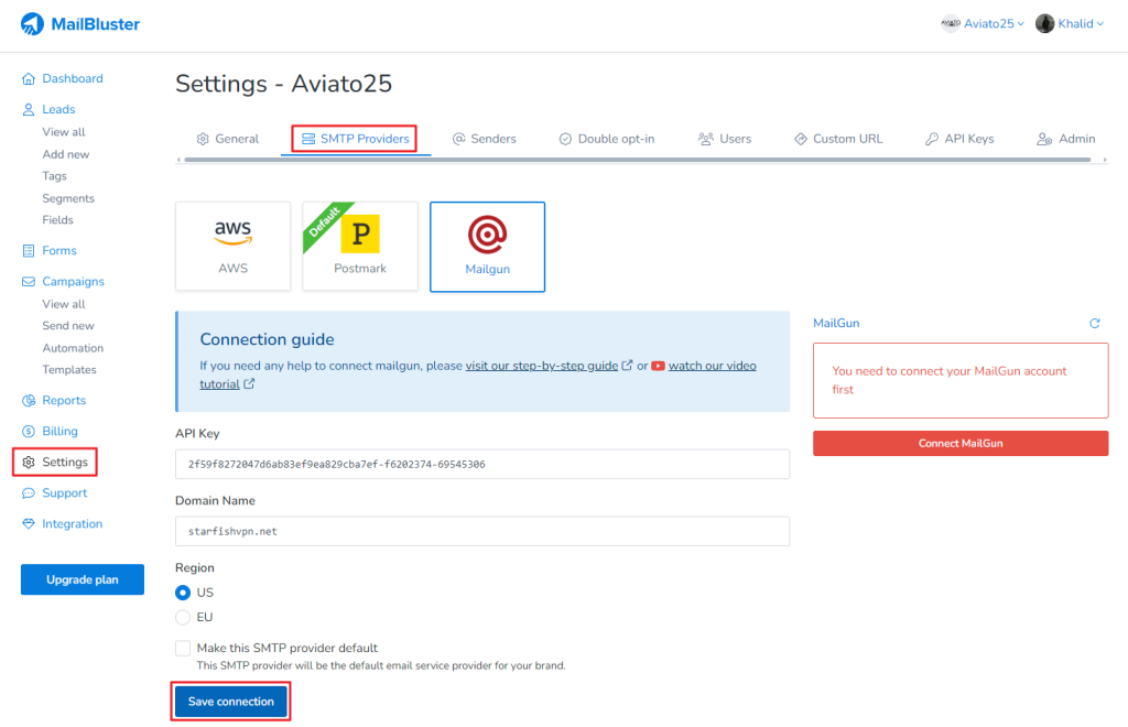 Go to MailBluster > Brand > Settings > SMTP Providers and paste the verified domain under Domain Name.