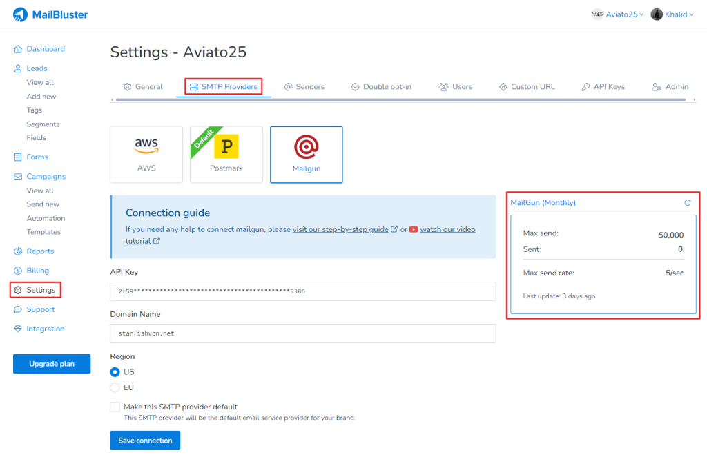 Your MailBluster Brand is now connected with your Mailgun account and if you are able to connect successfully then you will notice that the Max send limit and Max send rate will be shown in the right corner.