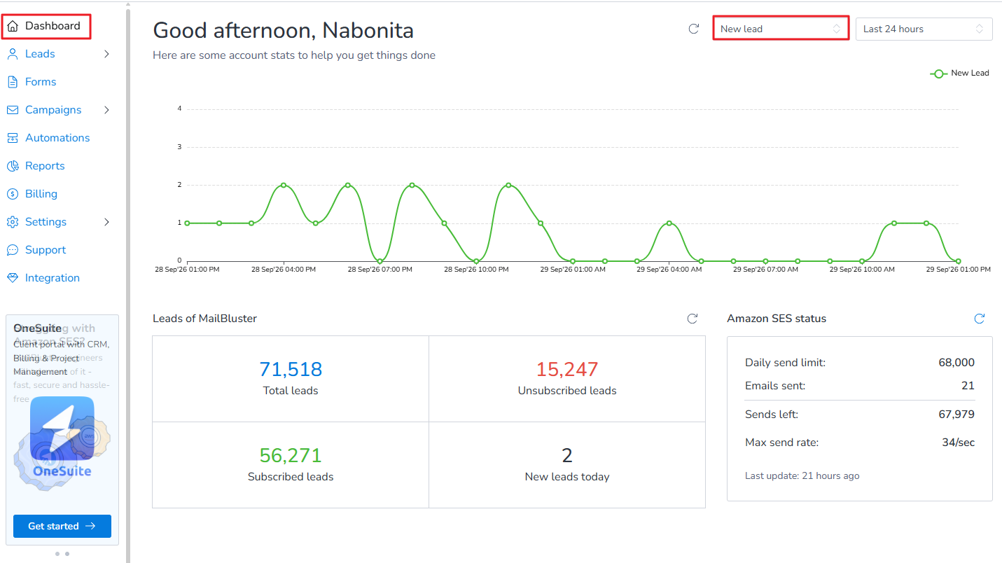 Clicking on the New lead in the Dashboard allows you to see the number of the leads added within 24 hours.