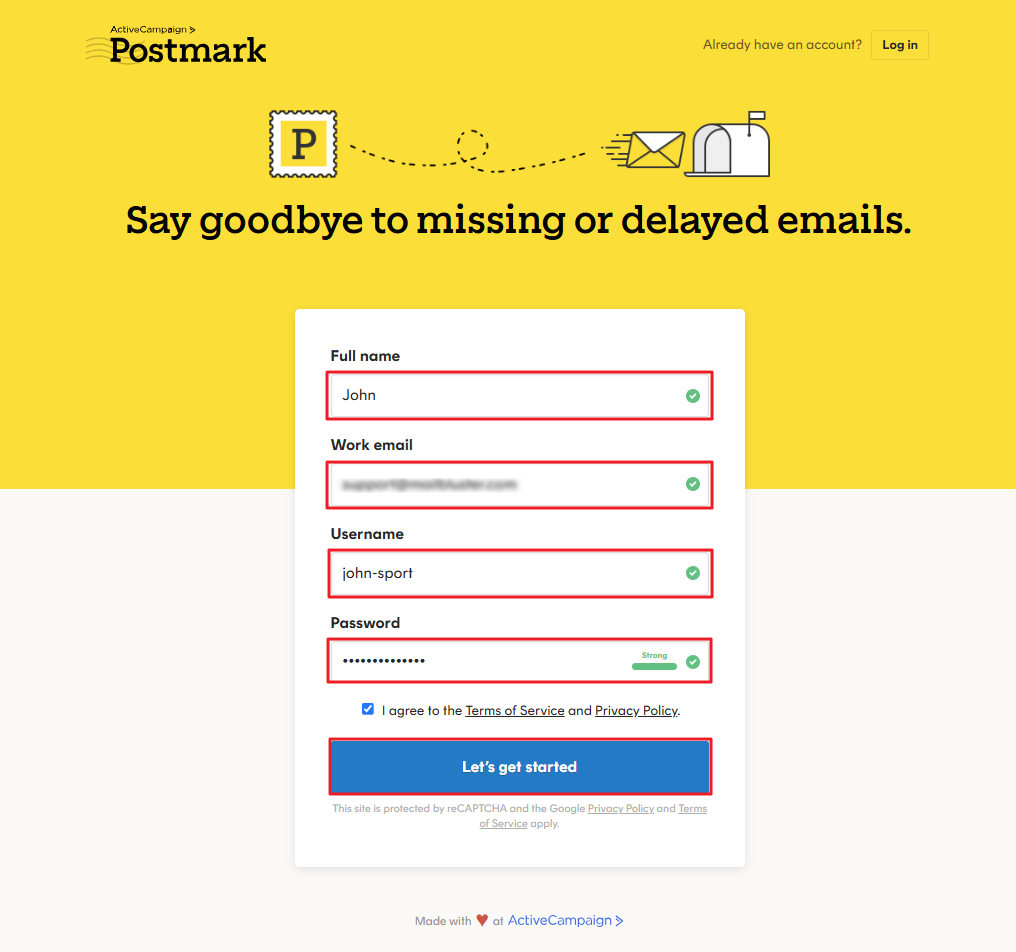 Go to Postmark site and create an account with your information.