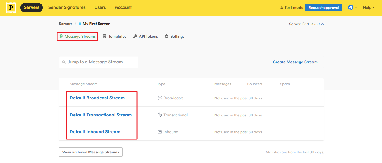 Click on Message Streams, and you will notice Default Broadcast Stream, Default Transactional Stream and Default Inbound Stream are present.