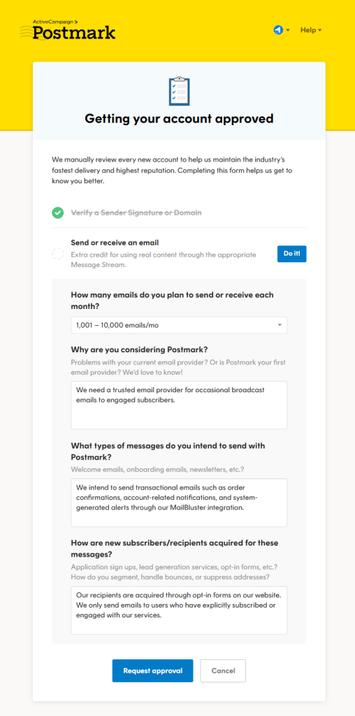 Getting your account approved by answering these questions by Postmark.