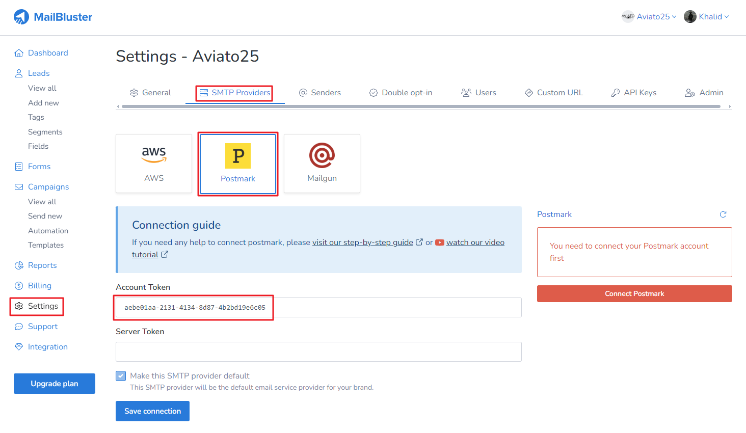 Paste the token value under MailBluster Brand > Settings > SMTP Providers > Account Token.