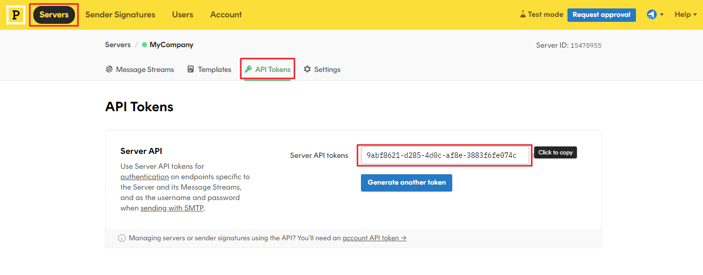 Click on the API Tokens and click on the Server API tokens highlighted below which will copy the token value.