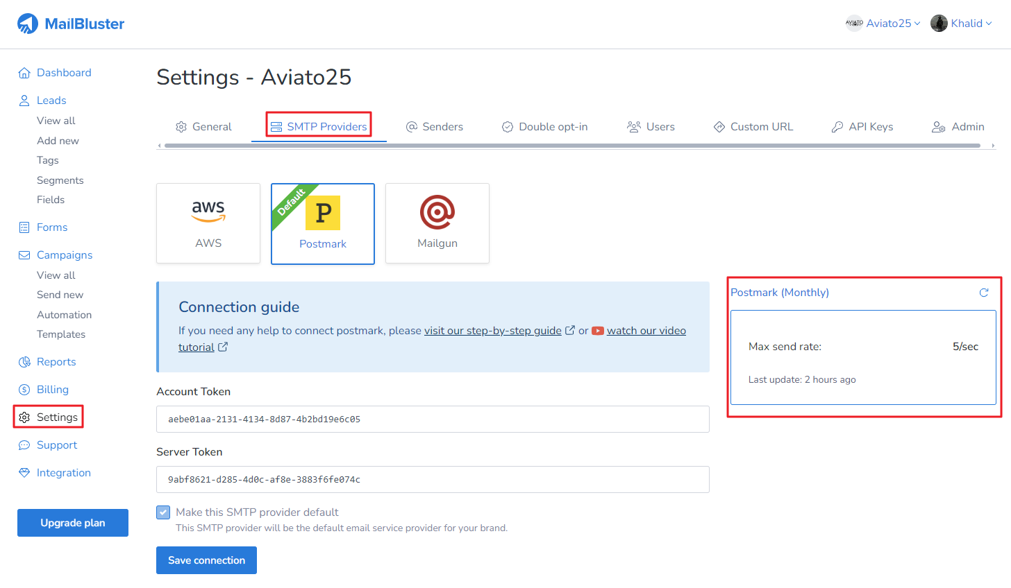 Once connected, you will notice that the right side bar will show Postmark Max send rate.