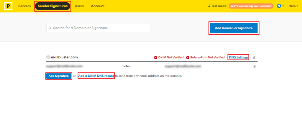 Verifying email address and domain under Sender Signatures.