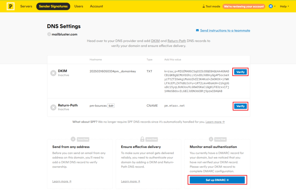 Verify the DNS Records after adding the DNS records in the DNS Settings.