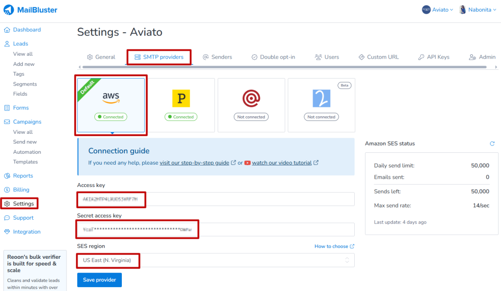 You need to paste Access key, secret access key and SES region from your AWS account to MailBluster.