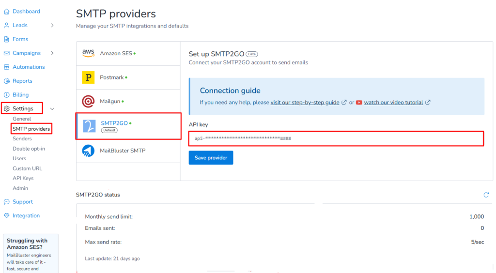 You need to paste API key from your SMTP2GO account to MailBluster.