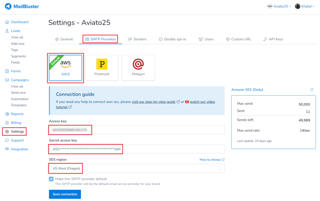 Go to your Brand > Settings > AWS and input Access key, Secret access key and correct Region from your AWS Account.