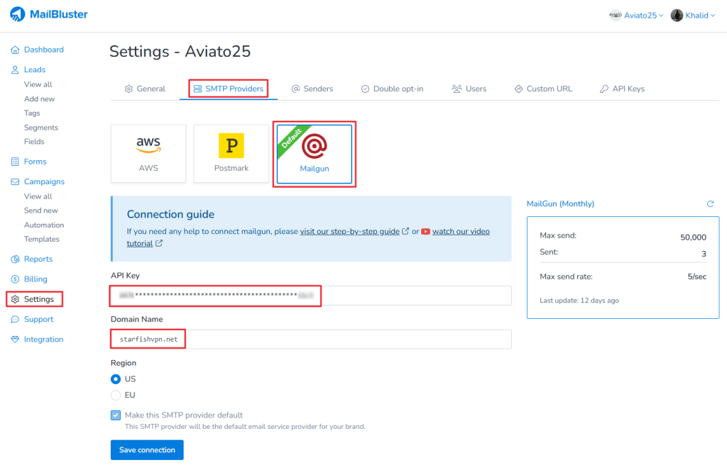 Paste the API Key and Domain name in your MailBluster Brand > Settings > SMTP Providers under Mailgun. 