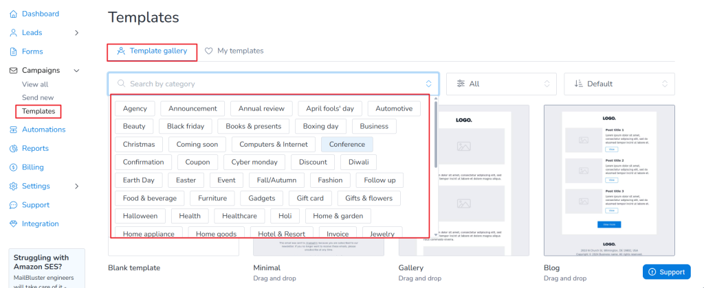 Select one or more categories from the drop down list.