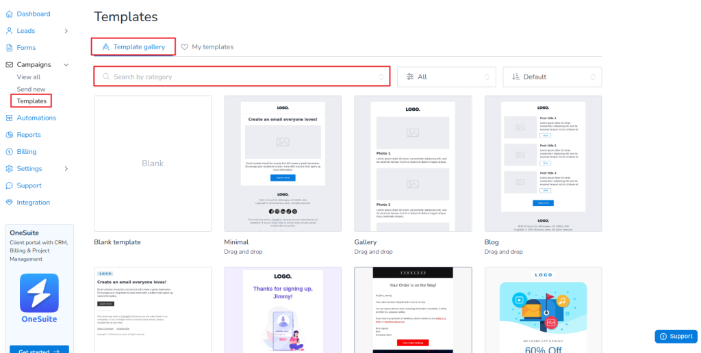 Go to Templates > Template gallery > Search by category and click on the desired category.