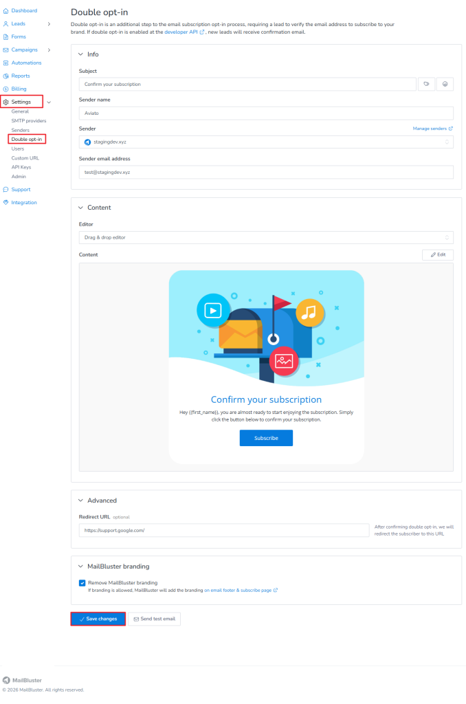 Configuring Double opt-in options in MailBluster.