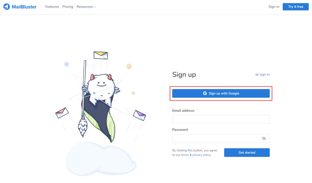 Sign up with Google page