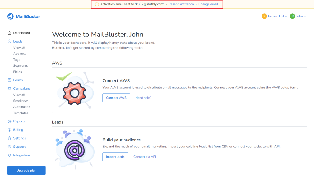 The MailBluster app interface