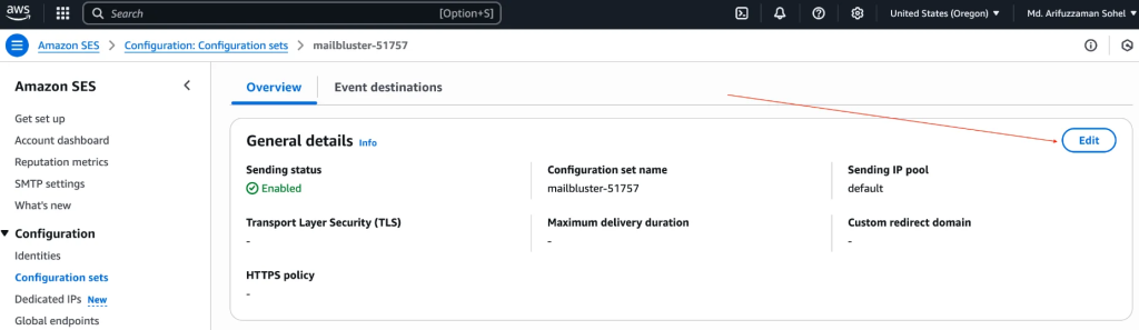 Navigate to your AWS account, go to Amazon SES > Configuration sets > mailbluster-51757, and click the Edit button.