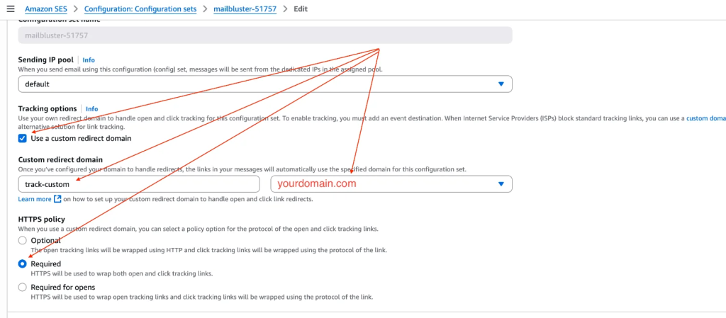 Under Tracking options, check "Use a custom redirect domain," enter "track-custom" and your full domain name, then select "Required" for HTTPS policy.