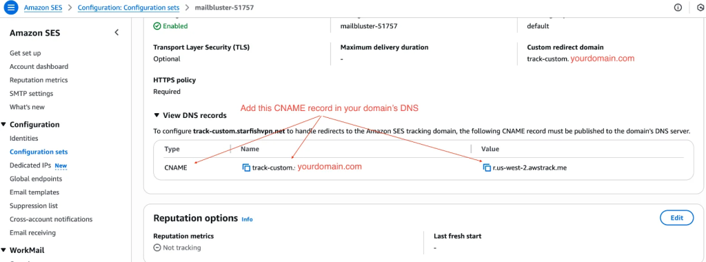 Add the displayed CNAME record to your domain’s DNS settings to complete the custom redirect domain setup.