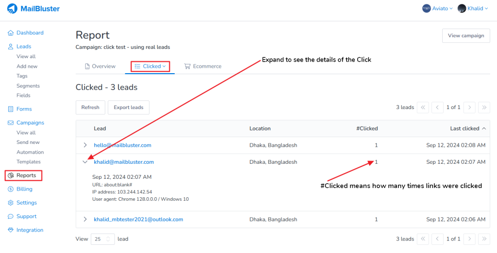 Detailed statistics of a clicked link in an email campaign report.