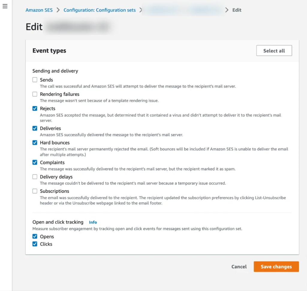Set Configuration set for Event types for Amazon SES to disable open tracking for all campaigns 