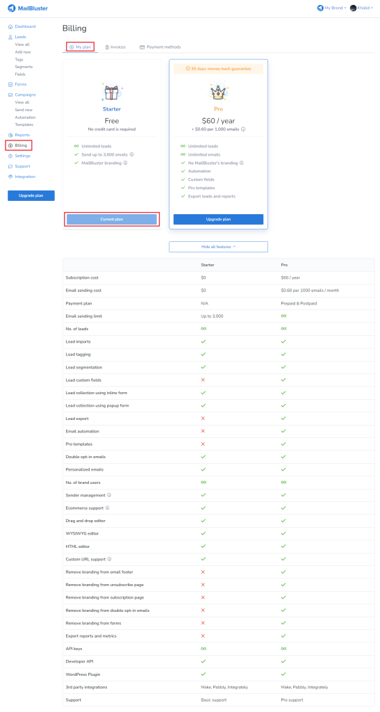 Screen showing how to check your MailBluster Brand’s current subscription plan.