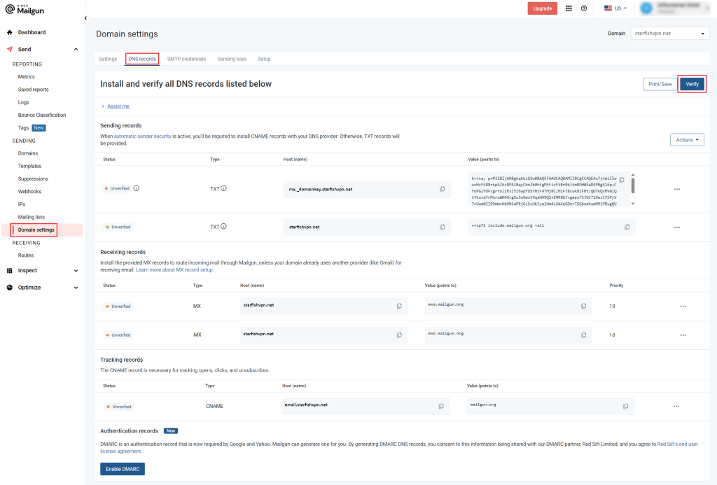 Verify all the DNS records with your domain provider. After adding records to your domain provider's cPanel, click on Verify button in Domain settings of Mailgun.