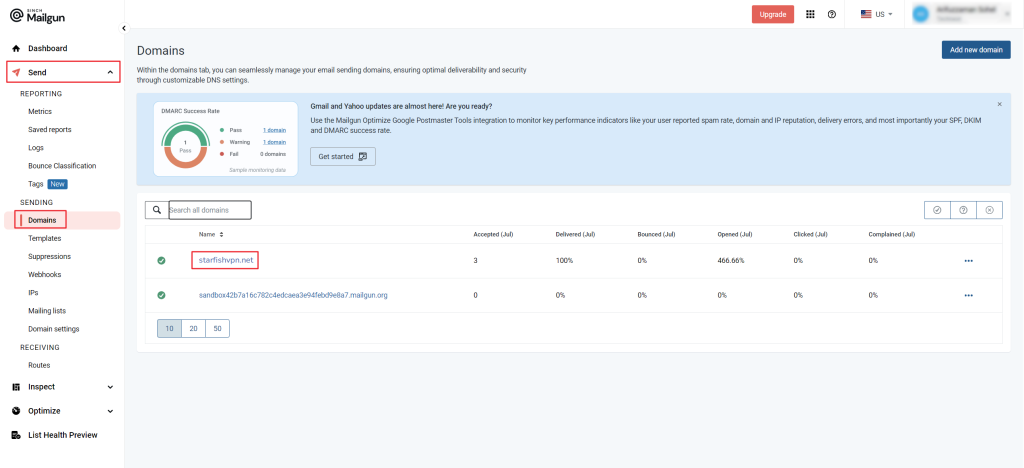 Verified domain name highlighted in Mailgun's Send > Domains section.