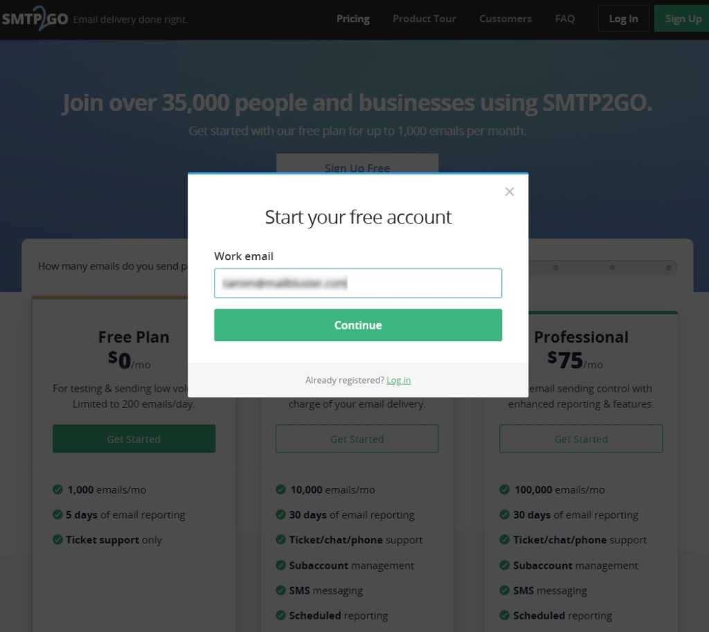 Sign up with Work email on SMTP2GO