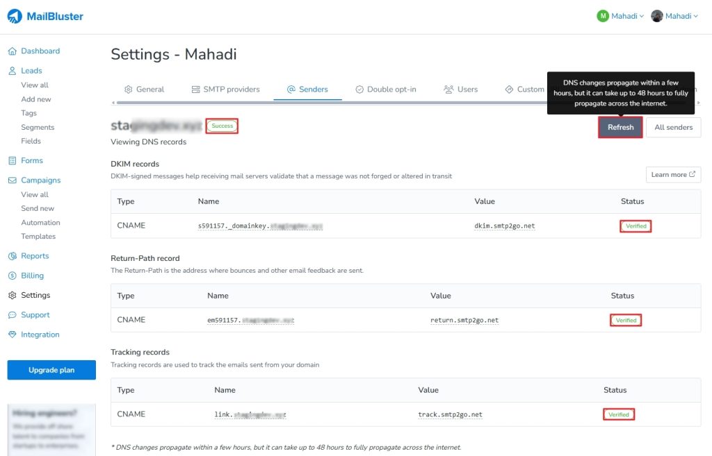 Verified and Successfully connected with DNS records