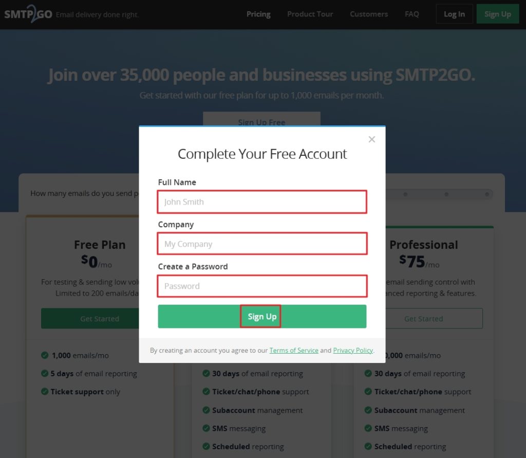 Filling in SMTPGO sign up form