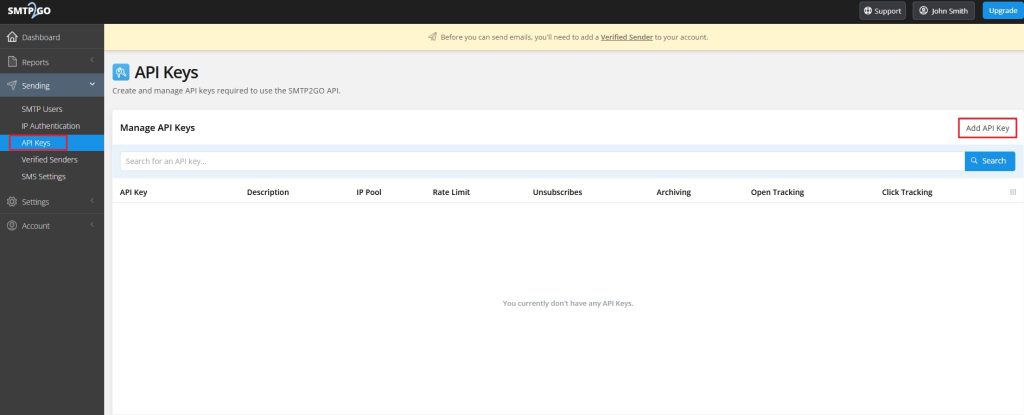 Adding SMTP2GO API Keys