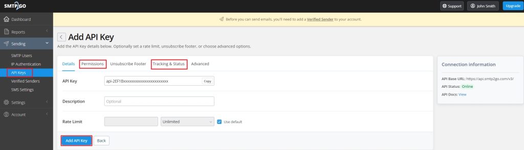 SMTP2GO API Key settings