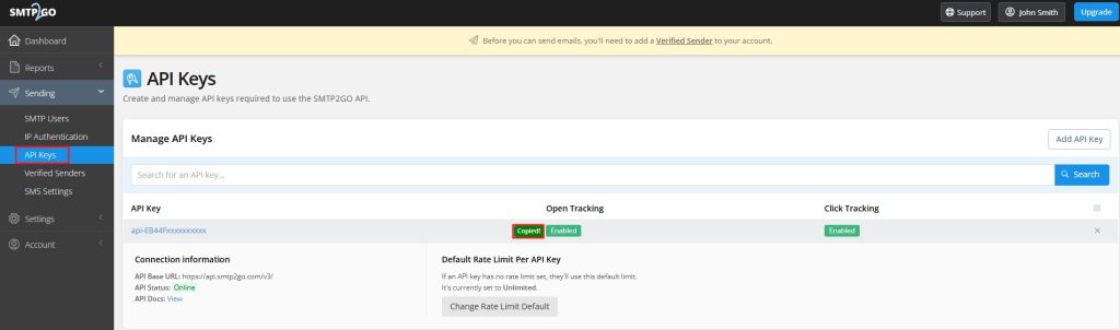 Copying API Key on SMTP2GO